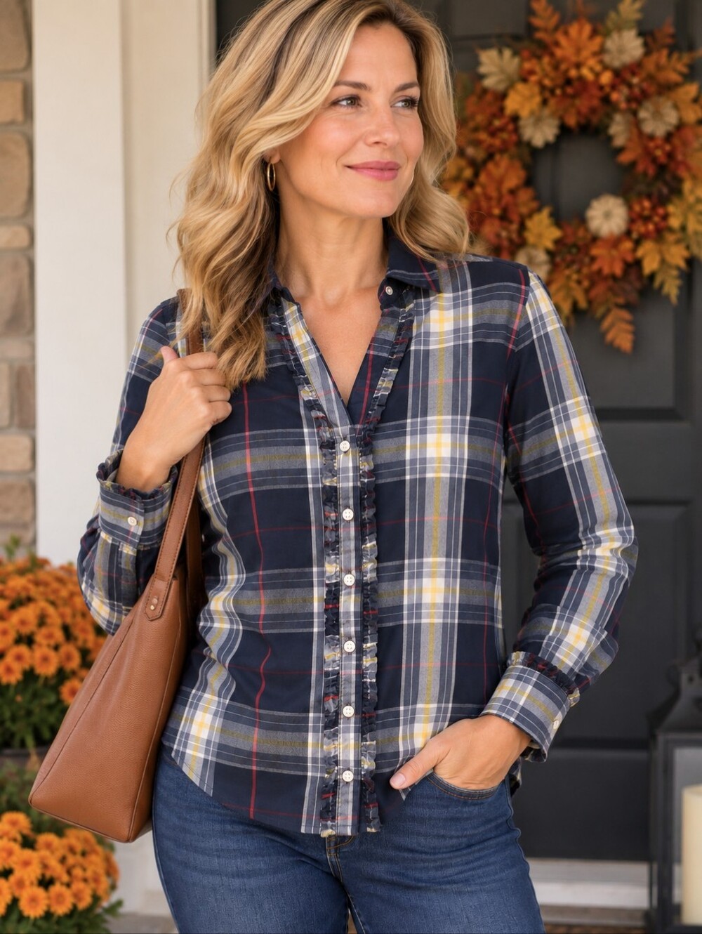 Tommy Hilfiger Navy Plaid Ruffle Trim Long Sleeve Blouse Shirt Small